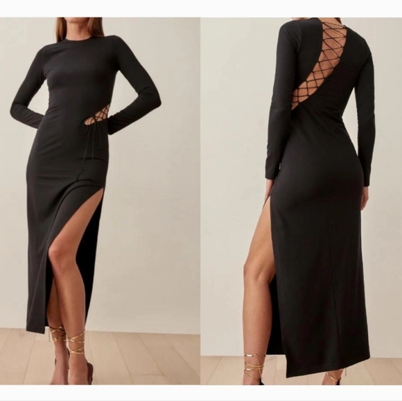 Reformation Dresses & Skirts - Reformation Kinsey Knit Long Sleeve Dress Size Large in Black Lace Up Cut Outs